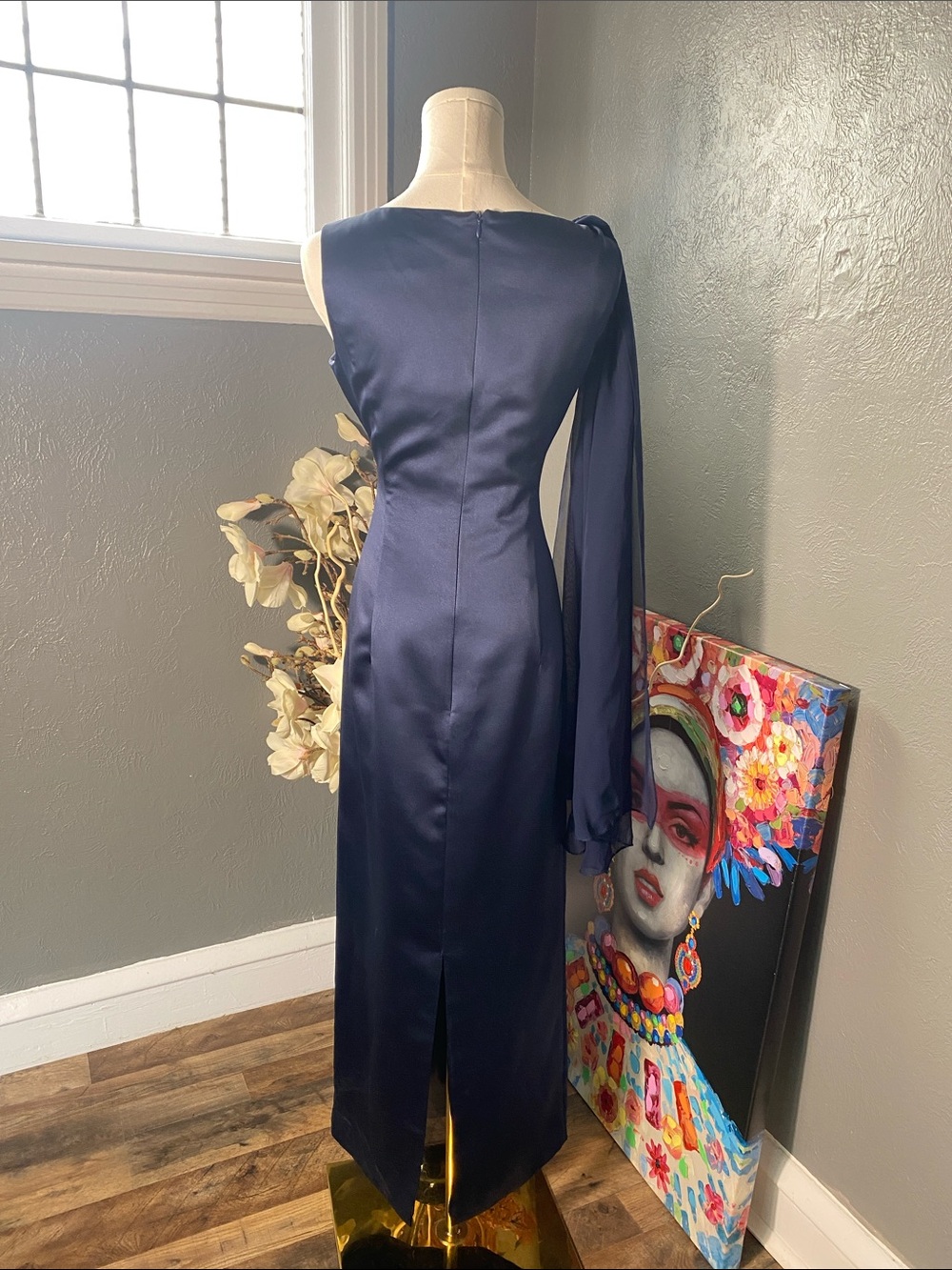 Michaelangelo Navy One Shoulder Formal Gown Cape Sleeve Prom Evening Dress - Picture 8 of 10
